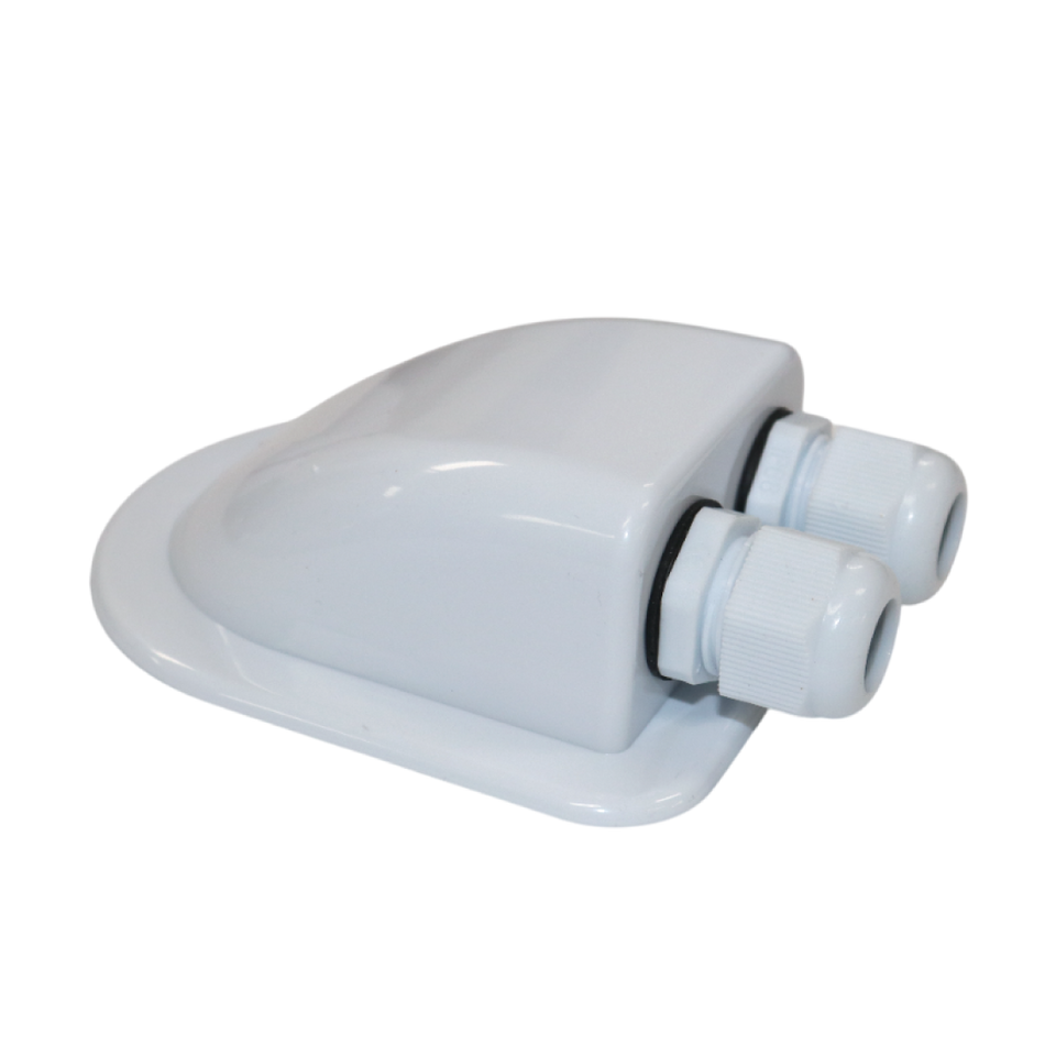 Angled view of white ABS dual cable entry gland showing aerodynamic housing and wide base flange for mounting
