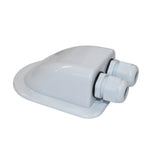 Angled view of white ABS dual cable entry gland showing aerodynamic housing and wide base flange for mounting