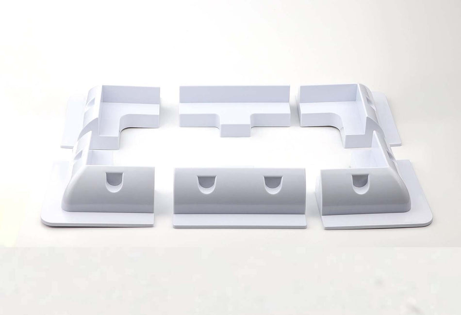 Complete 6-piece white ABS solar panel mounting bracket kit containing four corner mounts and two side mounts