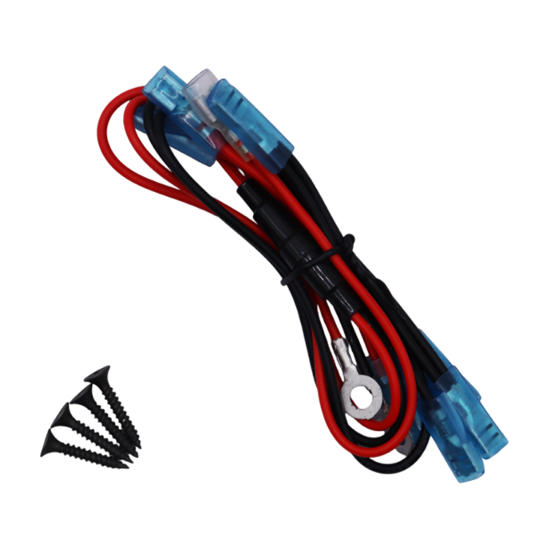 Red and black wiring loom with blue spade connectors and four black mounting screws