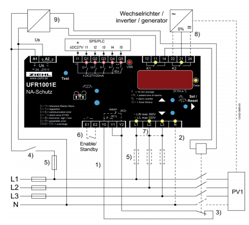 Technical wiring diagram of Ziehl UFR1001E anti-islanding relay showing grid and inverter connections