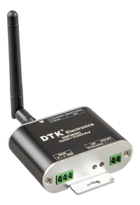 Angled perspective of a black Zigbee to RS485 converter showing terminal connections