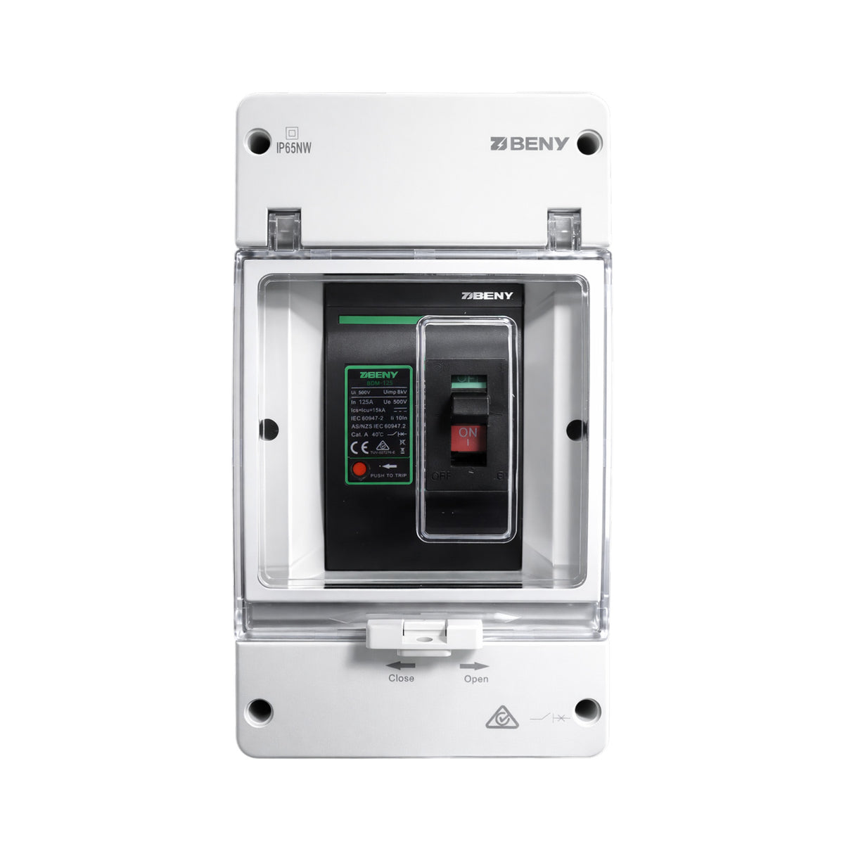 Front view of ZJBeny 125A 2-pole DC circuit breaker in a white IP65 weatherproof enclosure with transparent cover