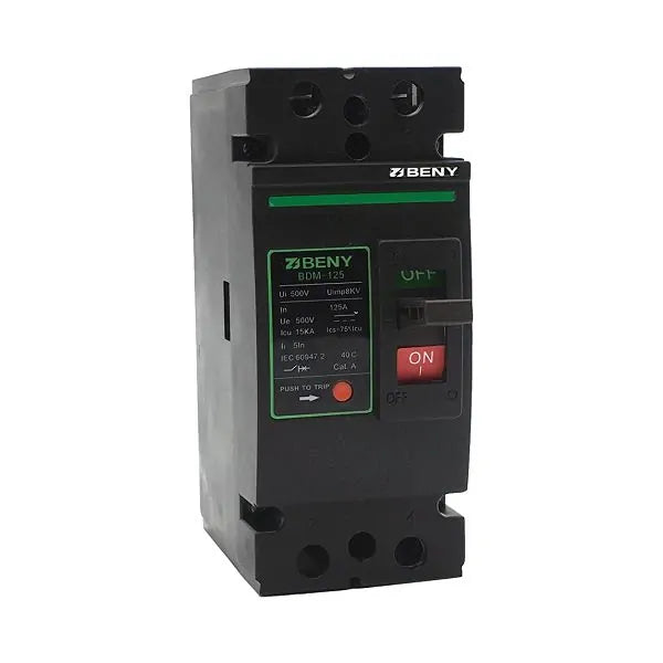 Front view of ZJBeny 2-pole DC circuit breaker showing toggle switch and technical specifications