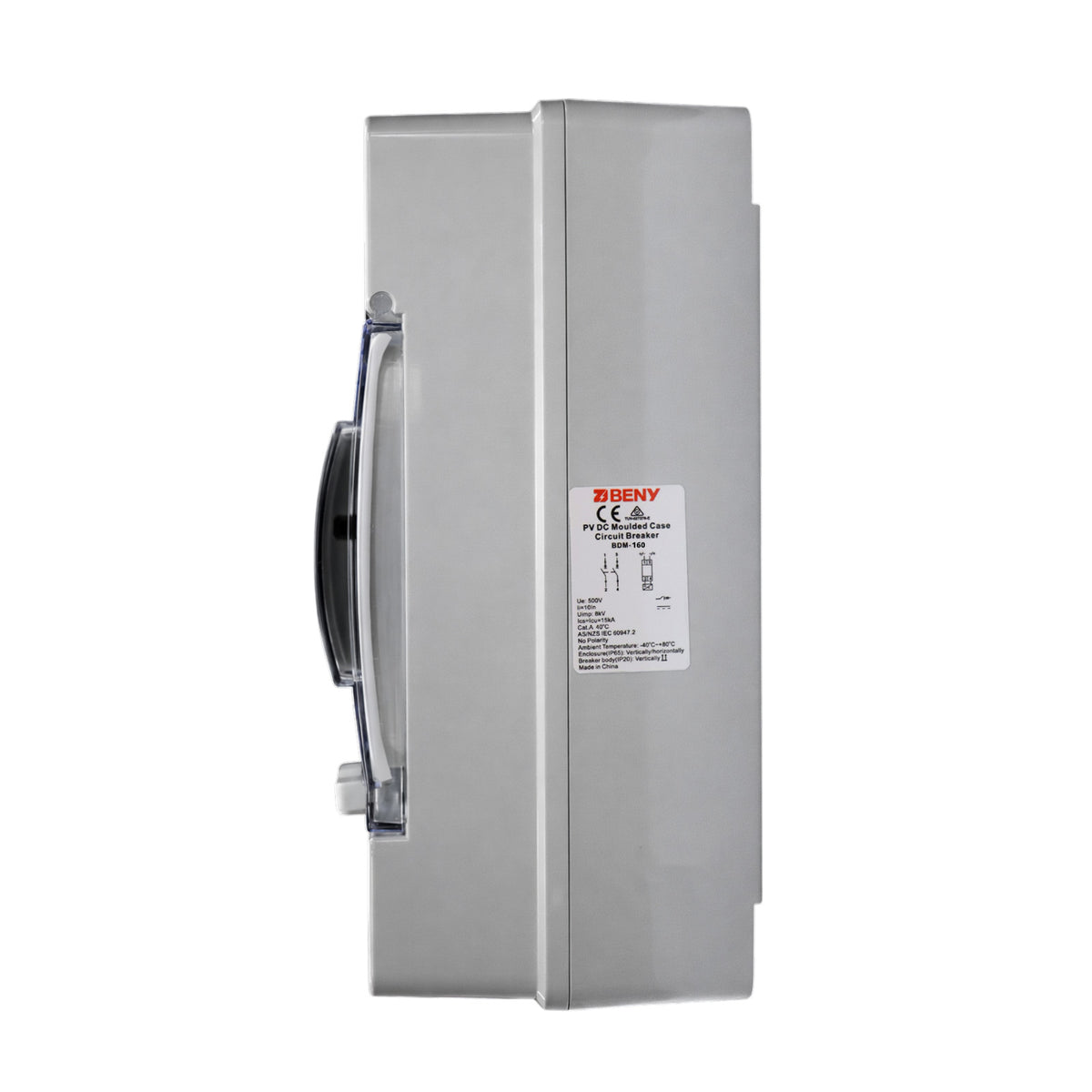 Side profile of the circuit breaker enclosure highlighting the technical specifications sticker