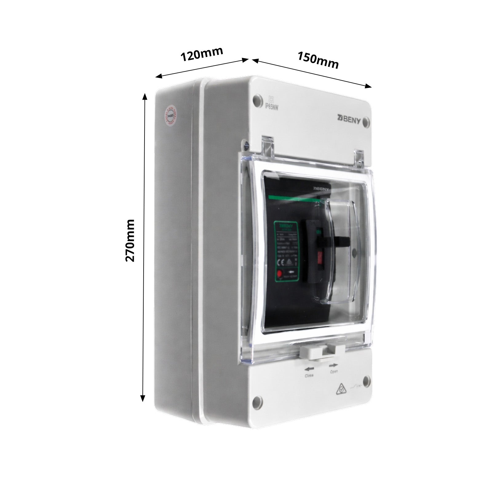 Front perspective of the circuit breaker enclosure with 270mm height and 150mm width dimensions marked