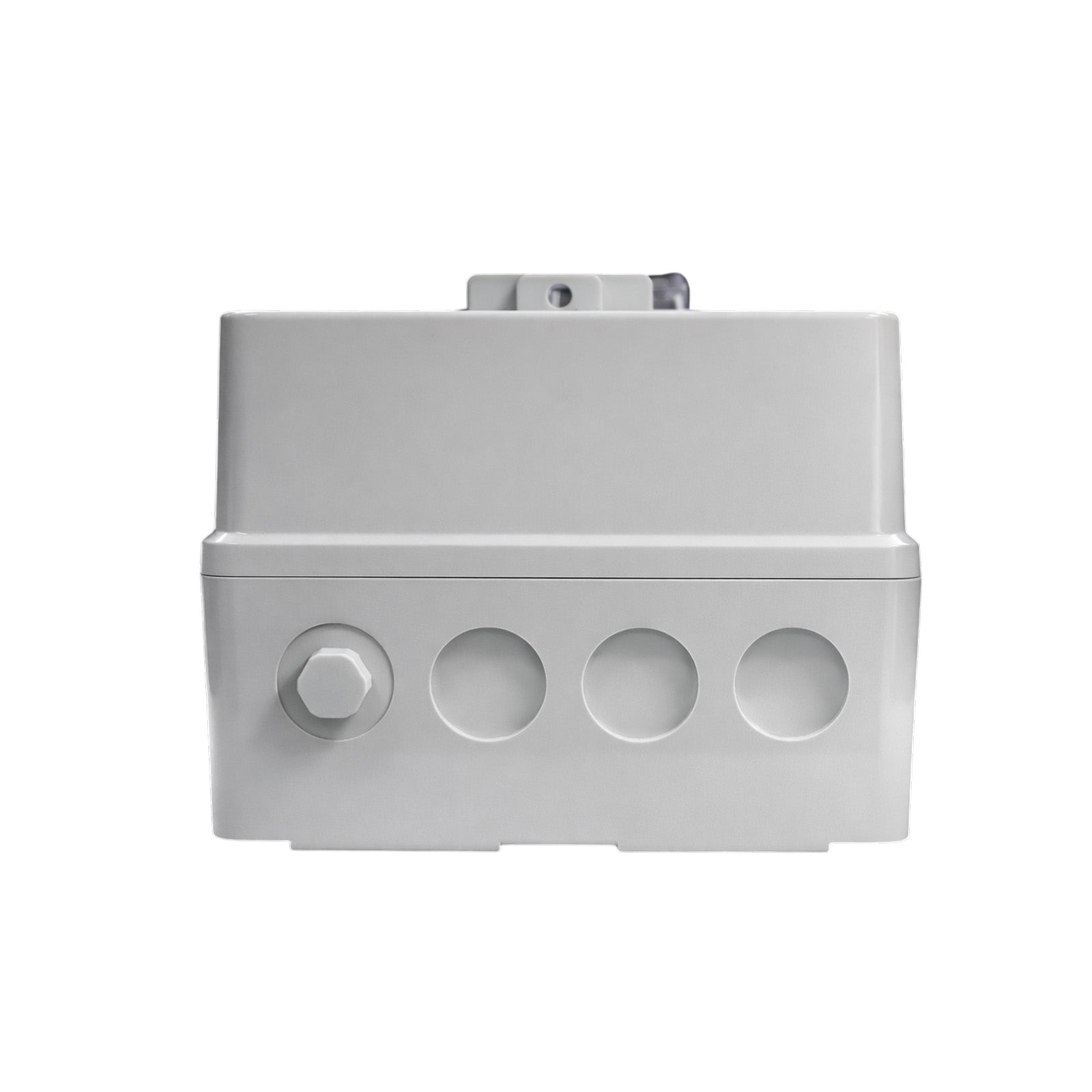 Bottom view of the enclosure showing four circular knockout points for cable entries