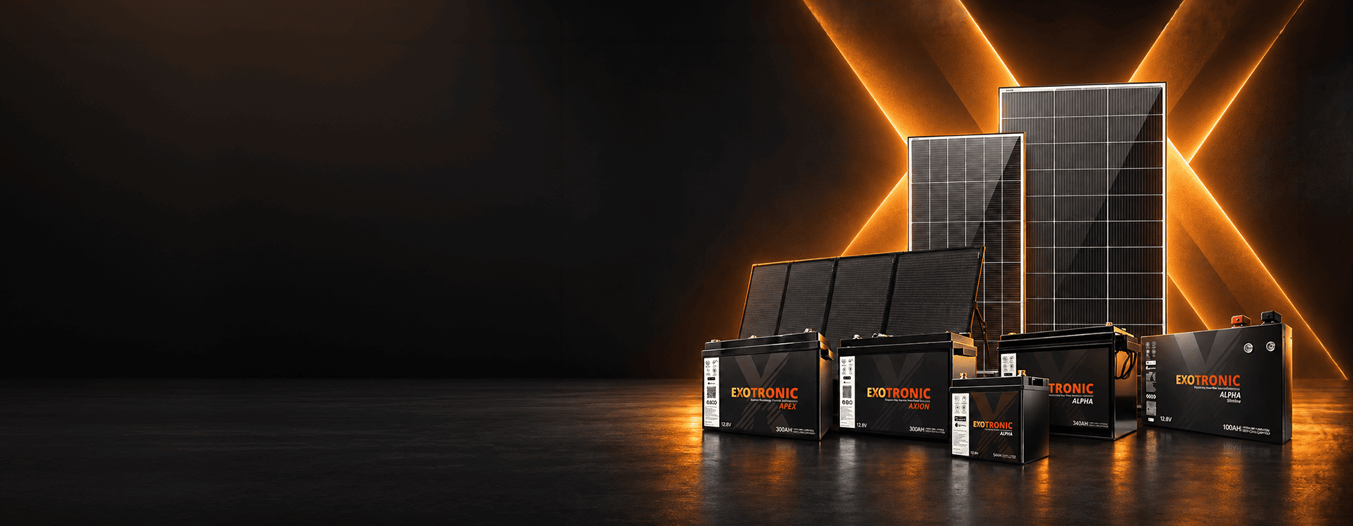 Exotronic slimline lithium battery and fixed Fusion solar panel in a dark technical showroom