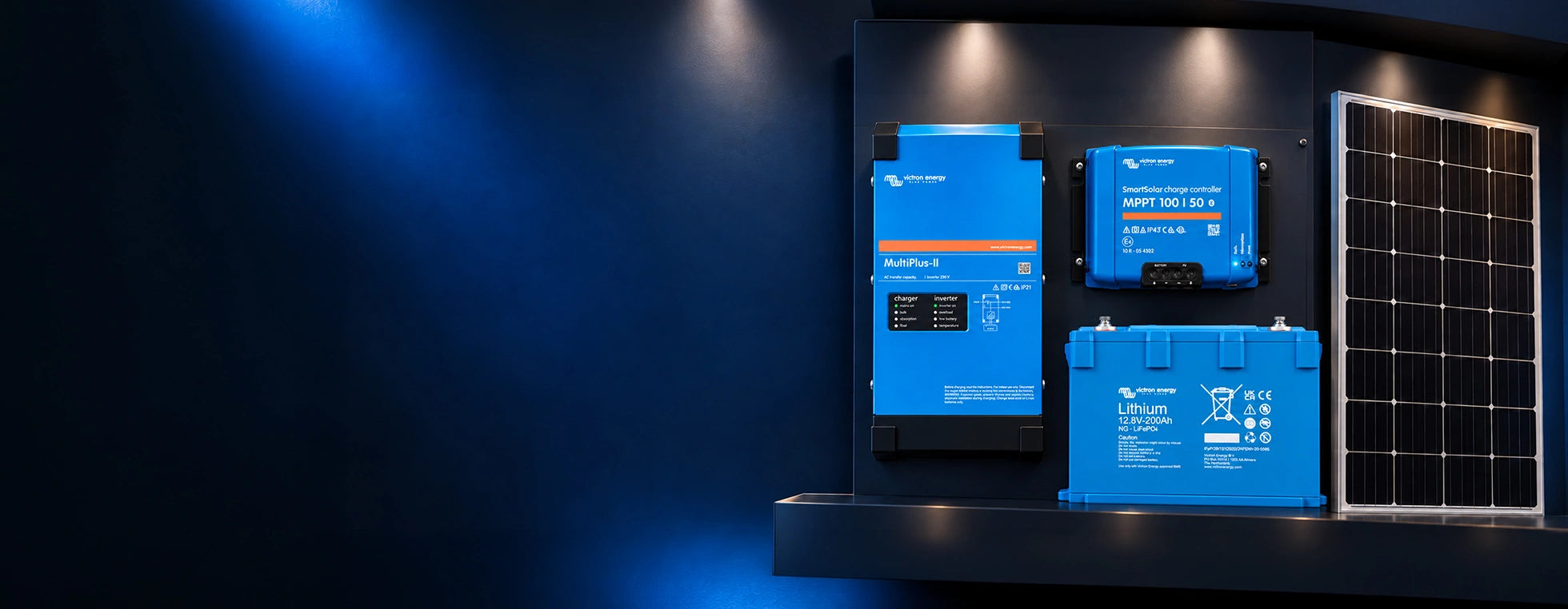 Illustrative showroom display of Victron off-grid power equipment